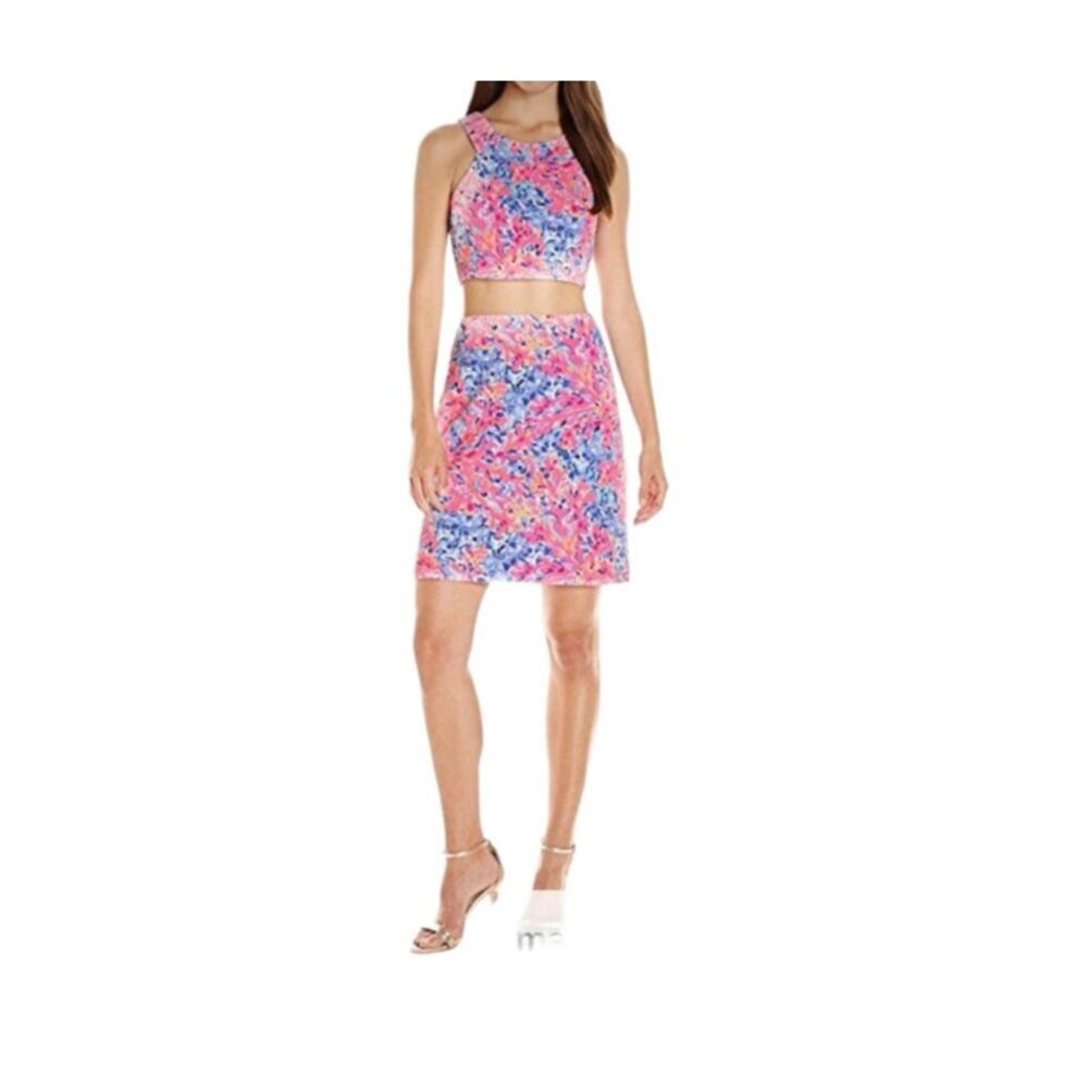 Lilly Pulitzer Set Cropped Top Skirt Pink Blue Coral Crab Mallika Print Cotton M
